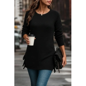 Kadın Uzun Kollu Yuvarlak Yakalı Yanlardan Bağcıklı Triko Bluz