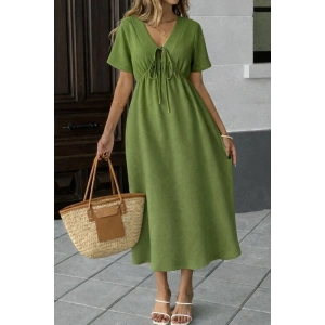 Kadın V Yaka Büzgülü Ip Detay Aerobin Kumaş Elbise