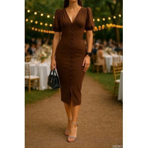 Kadın V Yaka Önü Düğmeli ırt Pencere Dekolte Elbise