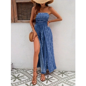 Kadın Yakası Gipe Detaylı önden Yırtmaç Detaylı Desenli Süprem Pantolunetek Tulum