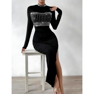 Kadın Yarım Balıkçı Yaka Taş Işemeli Bacak Dekolteli axi Boy Elbise