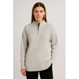 KADIN Yarım Fermuarlı Triko Kazak – elanik Örgü, Dik Yaka, Pamuklu Dokuma, Oversize Uzun Kollu Kışlık odel  Gri