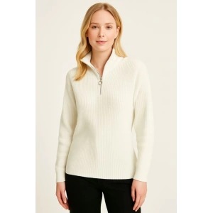 KADIN Yarım Fermuarlı Triko Kazak – elanik Örgü, Dik Yaka, Pamuklu Dokuma, Oversize Uzun Kollu Kışlık odel  Beyaz