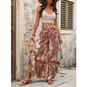 Kadın Yüksek Bel Beli Lastikli Desenli Geniş Paçalı Süprem Pantolon