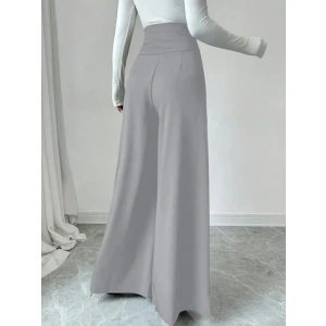 Kadın Yüksek Bel Düğmeli Geniş Paçalı Ithal Krep Pantolon