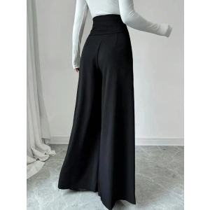 Kadın Yüksek Bel Düğmeli Geniş Paçalı Ithal Krep Pantolon