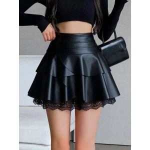 Kadın Yüksek Bel Fırfırlı Dantelli Kısa Deri Etek