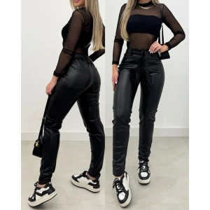 Kadın Yüksek Bel Kuşaklı Deri Pantolon