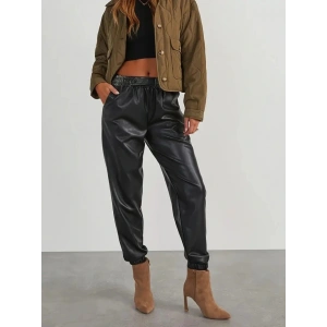 Kadın Yüksek Bel Lastikli önü Düğmeli Deri Pantolon
