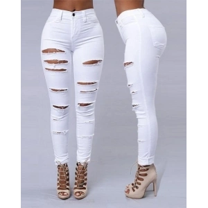 Kadın Yüksek Bel Lazer Yırtık Desenli Kot Pantolon