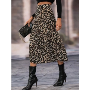 Kadın Yüksek Bel Leopar Desenli Midi Krep Etek