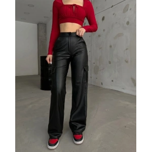 Kadın Yüksek Bel önden Fermuarlı Yandan Cep Detaylı Deri Kargo Pantolon