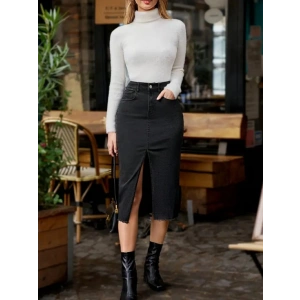 Kadın Yüksek Bel önden Yırtmaçlı Cepli idi Kot Etek