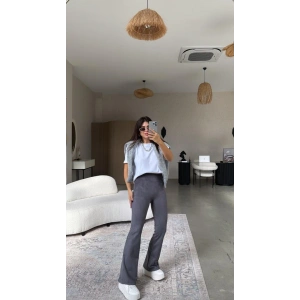 Kadın Yüksek Bel üet Kumaş Ispanyol Paça Detay Pantolon