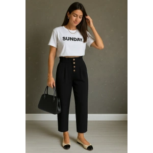 Kadın Yüksek Belli önden Düğmeli Ithal Keten Pantolon