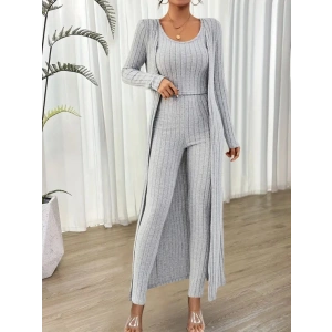 Kadın Yuvarlak Yaka Askılı Krop Bluz Yüksek Bel Tayt Ve Uzun Hırka şardonlu Kaşkorse üçlü Takım