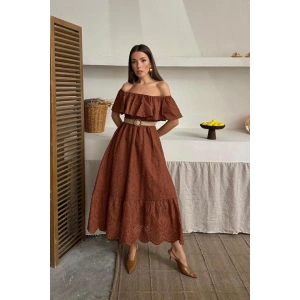 Kahverengi Omzu Lastikli Brode Elbise