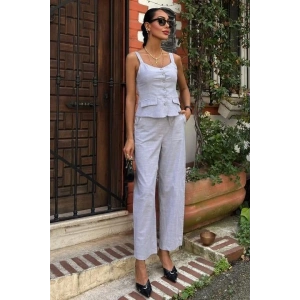 Kalın Askılı Bluz Pantolon Keten Takım 10187