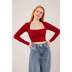 Kare Yaka Basic Bordo Bluz