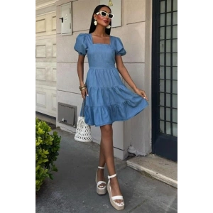 Kare Yakalı Ve Gipe Detaylı Tensel Elbise 2883