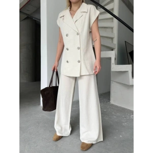 Keten ıfır Kol Blezer Ceket Pantolon Ikili Takım Beyaz