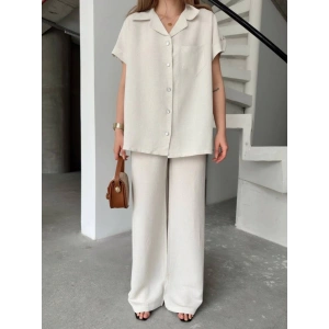 Keten Kısa Kollu Cepli Gömlek Pantolon Ikili Takım  Beyaz