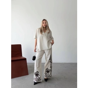 Keten Kısa Kolu  V Yaka Bluz Pantolon Ikili Takım Beyaz