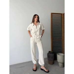 Keten Tam Fermuarlı Kısa Kollu Gömlek Pantolon Ikili Takım  Beyaz