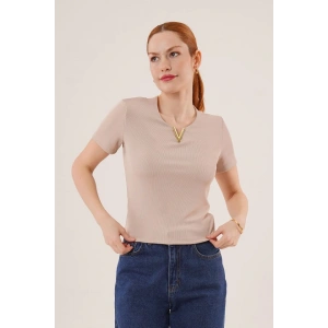 Kısa Kollu Yaka Detaylı Kaşkorse Taş Bluz