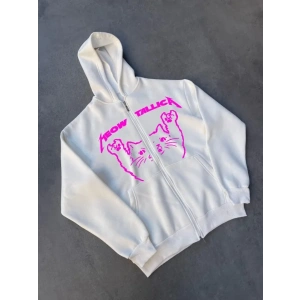 Kışlık Baskılı Fermuarlı Kapüşonlu Hırka  Beyaz