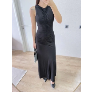 Kolsuz Büzgülü Uzun Elbise  iyah