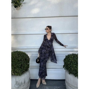 Kruvaze V Yaka, Fırfırlı Ve Bağcıklı Desenli Bluz Ve Midi Etek Takım  iyah