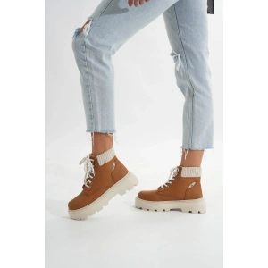 LMÇ-2045 Taba Süet Bağcıklı Kalın Taban Kadın Günlük Bot