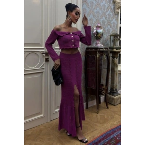 Madonna Yaka Derin Yırtmaç Etekli Şık Triko Takım 10099