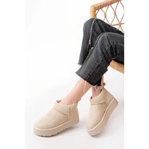 NDR-2850 Bej Süet İçi Kürklü Kışlık Kapalı Burun Kadın Günlük Terlik