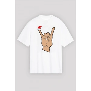 Noel Başlıklı erçe Parmak Tshirt  Beyaz