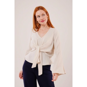 Ön Bağlamalı Volan Kol Ekru Bluz
