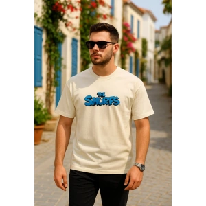 Ön Ve Arka Baskılı Oversize Bisiklet Yaka Tshirt Beyaz