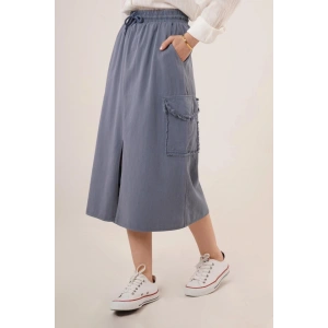 Ön Yırtmaçlı Cep Detaylı İndigo Etek