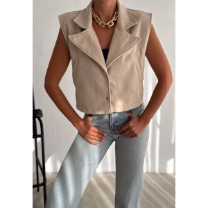 Önü çıtçıtlı cepli kaşe yelek bej f2253