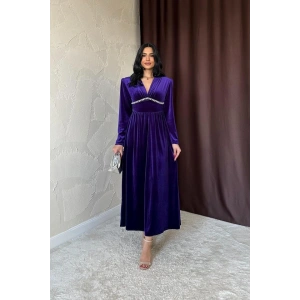 Mor Göğüs Altı Taşlı Elbise