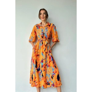 Oranj Çiçek Desenli Kemerli Elbise