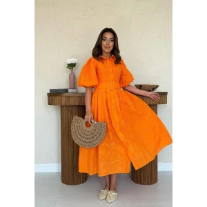 Oranj Pileli Balkon Elbise