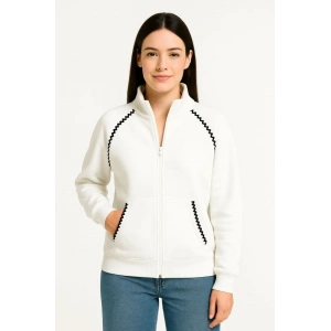 Oversize Dik Yaka Fermuarlı weatshirt  Zincir Nakışli Kanguru Cepli,  Beyaz