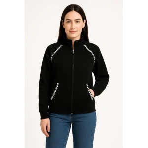 Oversize Dik Yaka Fermuarlı weatshirt  Zincir Nakışli Kanguru Cepli,  iyah