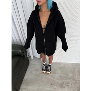 Oversize Tam Fermuarlı Uzun Kol Hırka  iyah