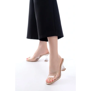 S-619 Bej Rugan Şeffaf Bantlı Şeffaf Topuklu Yuvarlak Burunlu Kadın Terlik