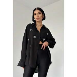 Siyah Taş İşlemeli Gömlek
