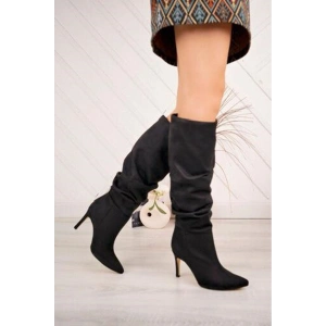 SYT-2003 Siyah Süet Körüklü İnce Topuklu Günlük Bayan Çizme