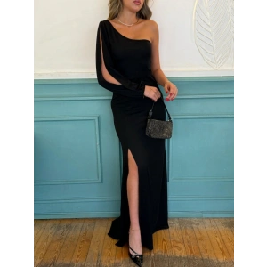 Tek Omuz Açık Derin Yırtmaçlı Krep Tam Boy Elbise